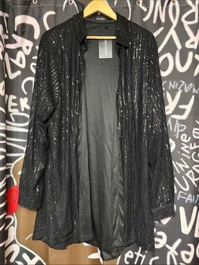 Black Sequin Open-Front Button-Down Shirt Jacket